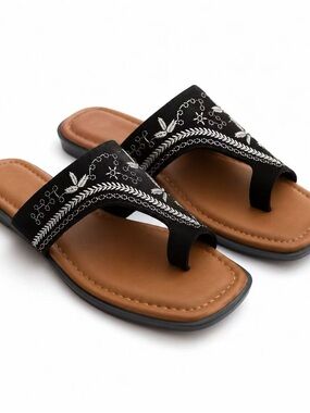 G.N.D. Black Embroidered Toe-Loop Slide Sandal